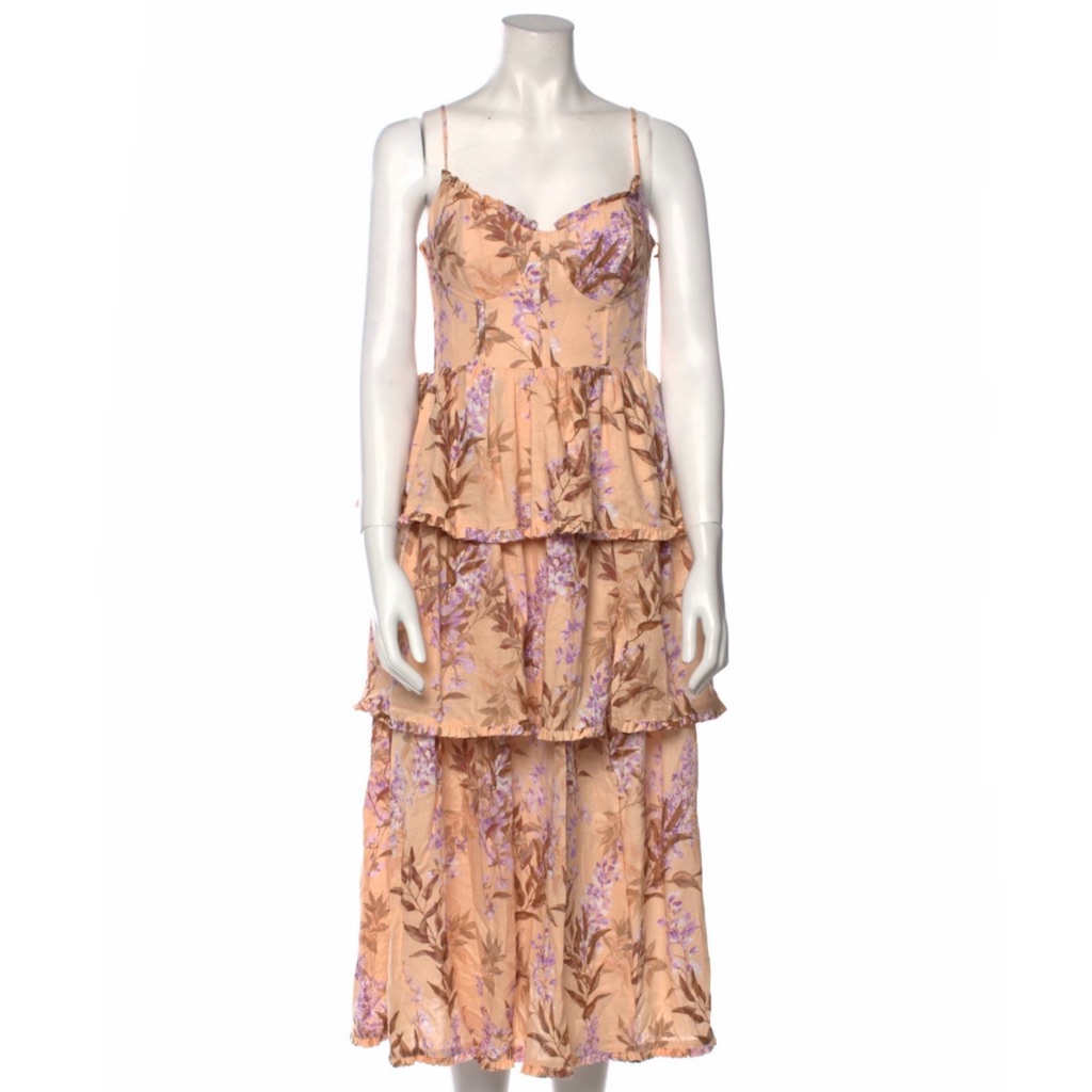 House Of Harlow 1960 Floral Tiered Linen Midi Tiered Dress